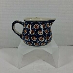 Boleslawiec Polish Pottery Creamer Pitcher Blue Brown Hand Made in Poland 3in